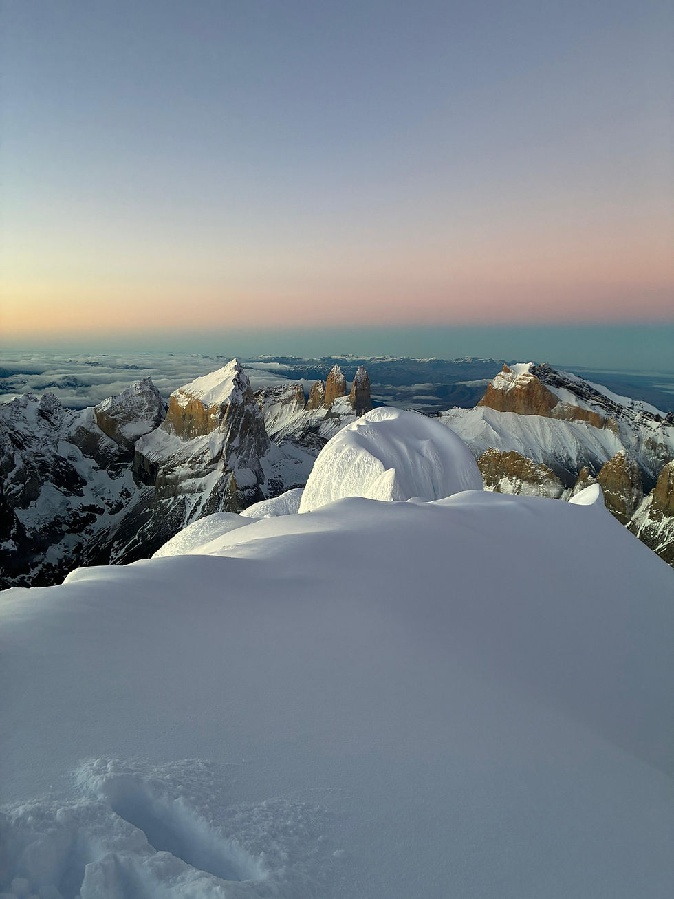 Cerro Paine Grande seen from the summit at dawn, Torres del Paine, May 2026