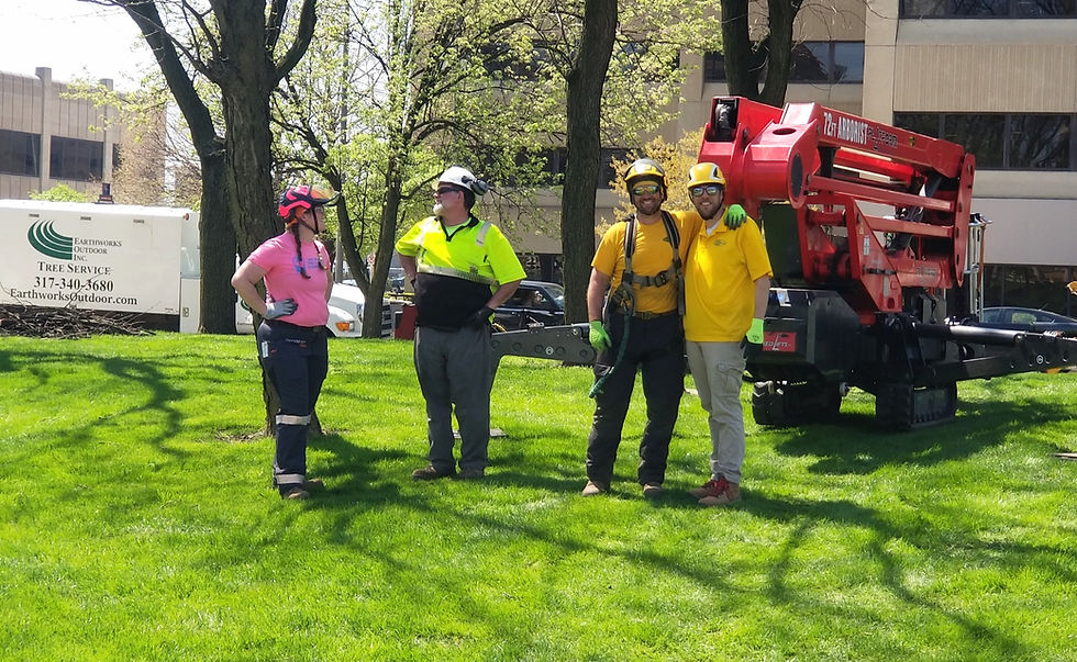 Smiling Tree Experts standing on lush green grass in front of a building, with tree removal equipment nearby