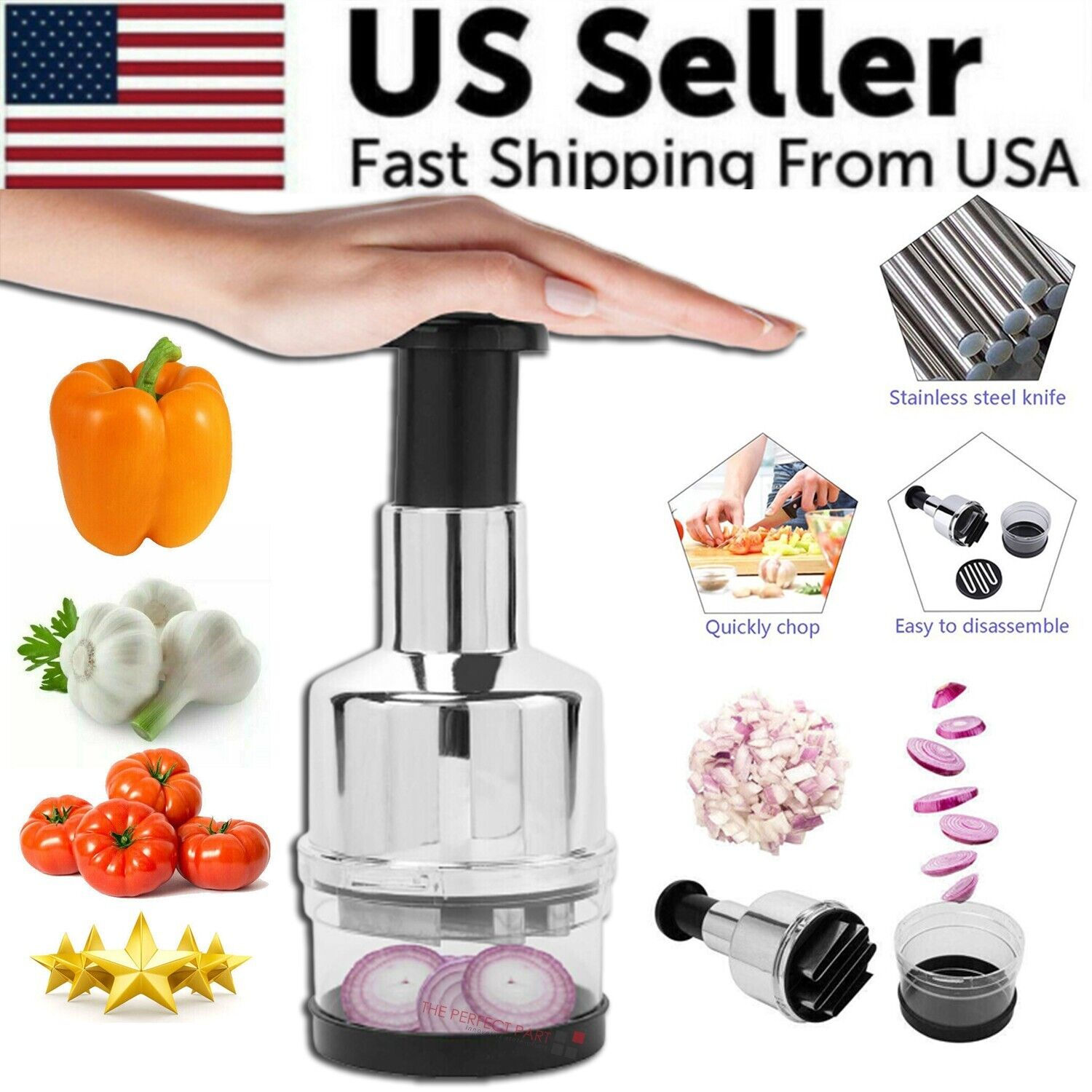 Hand-Press Food Chopper with Catch Bowl