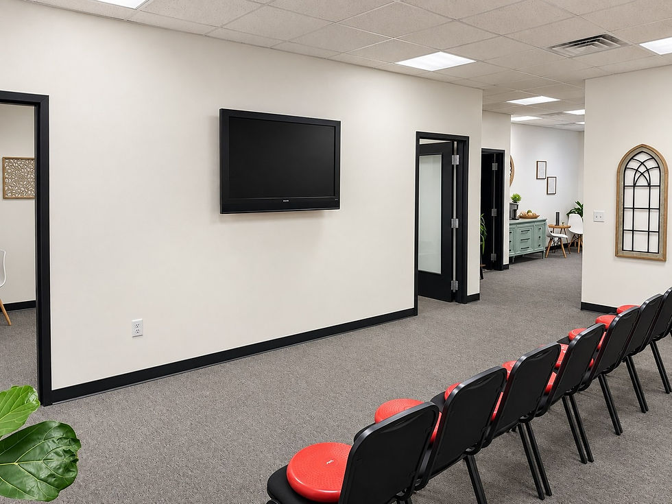 Champion group room with rows of black chairs on red balance cushions.