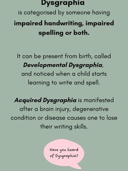 dysgraphia
impaired handwriting
impaired spelling
developmental dysgraphia
acquired dysgraphia
brain injury
degenerative condition