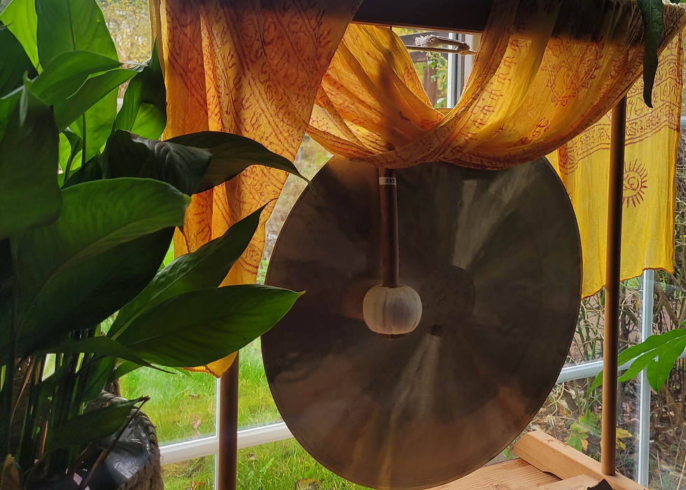 Gong am Fenster mit Tuch und Pflanze. Musiktherapie, Kraftquelle, Verbindung, Ressourcen, Lebensfreude