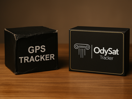 Dos cajas de rastreadores GPS sobre una mesa: a la izquierda, una caja genérica arrugada y descuidada; a la derecha, la caja premium de OdySat Tracker, impecable y profesional