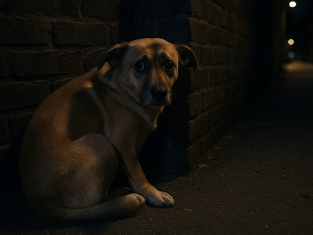 Perro asustado y escondido en una calle oscura durante las fiestas, mostrando el riesgo de que las mascotas se escapen por pirotecnia y la importancia de un rastreador GPS 4G como el OdySat Tracker G51