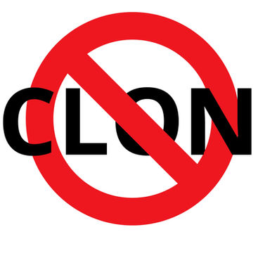 Símbolo de prohibido con la palabra “CLON” atravesada, representando rechazo a productos falsificados o de baja calidad