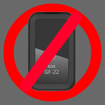 Imagen de un rastreador GF-22 tachado con un símbolo rojo de prohibido, representando sus fallas y obsolescencia en 2025