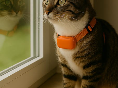 Gato doméstico con pretal y rastreador GPS OdySat Tracker G51, mirando por la ventana con curiosidad