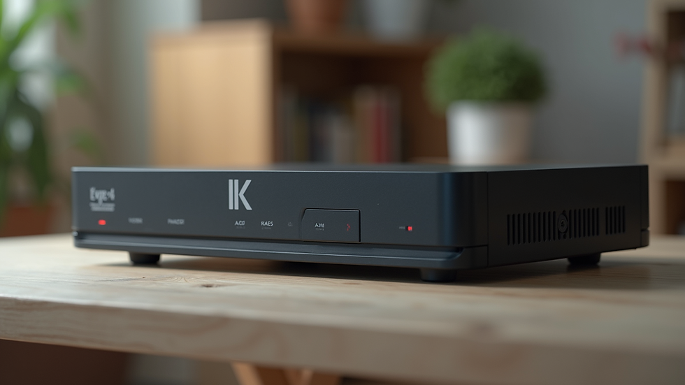 Eye-level view of CP Plus 4K NVR device on a table