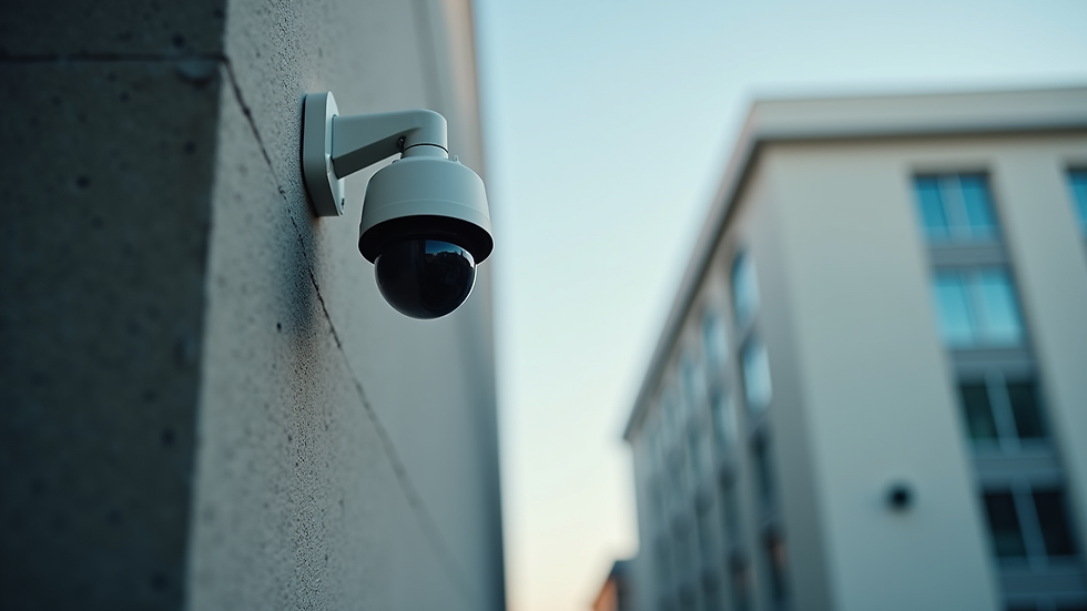 Eye-level view of a security camera installed on a commercial building