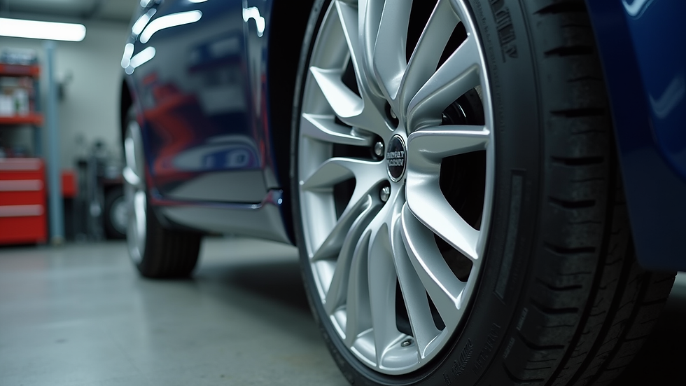 Eye-level view of a polished alloy wheel after repair