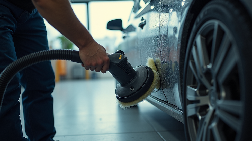 Eye-level view of a car being polished with a buffer machine