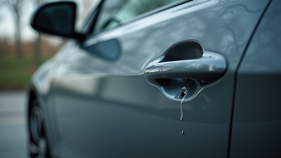 Close-up view of a car door with a small dent being repaired