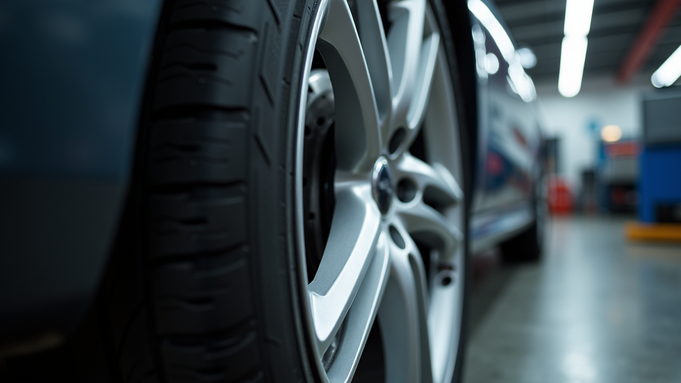 Eye-level view of a car wheel undergoing alloy refurbishment