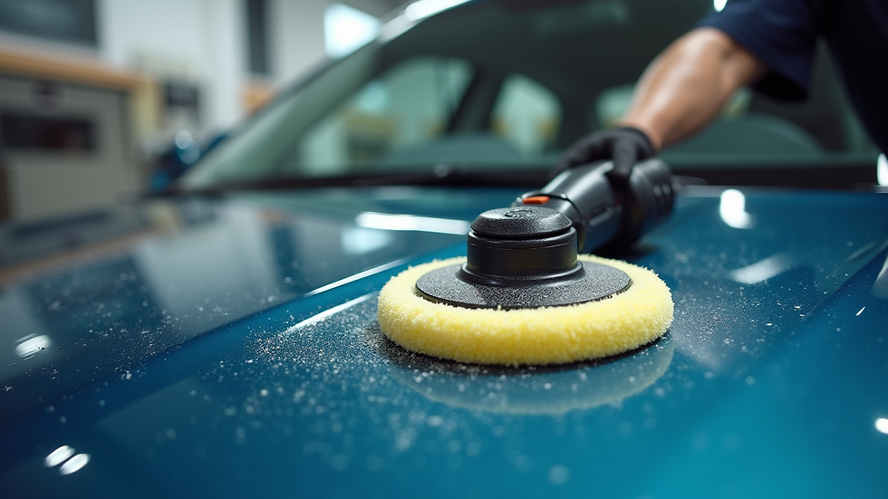 Eye-level view of a car hood with a polishing pad and scratch repair materials