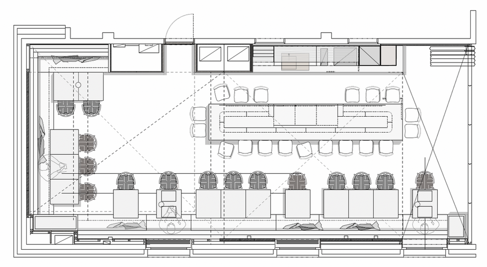 Fotorealistische render van een modern bar- en kantoorinterieur, ontworpen door Hilleweare Studio AP in Schoten en Turnhout. Interieurarchitectuur met oog voor kleuren, materialen en details – samenwerking met Deweco, beelden door Audeschuermans en Philippine Ceulemans.