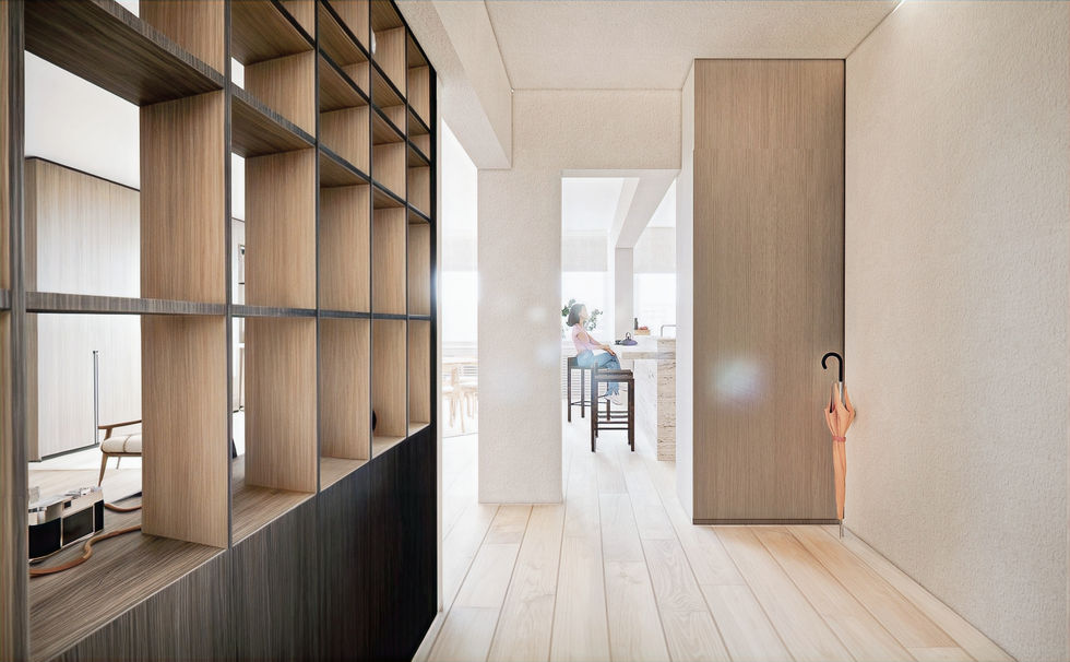 Appartement in Antwerpen ontworpen door Studio AP – interieurarchitectuur met oog voor design, travertin texturen en maatwerk in keuken, leefruimte, tv-room, badkamer, slaapkamer, dressing en hall.