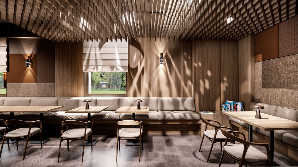 Fotorealistische render van een modern bar- en kantoorinterieur, ontworpen door Hilleweare Studio AP in Schoten en Turnhout. Interieurarchitectuur met oog voor kleuren, materialen en details – samenwerking met Deweco, beelden door Audeschuermans en Philippine Ceulemans.