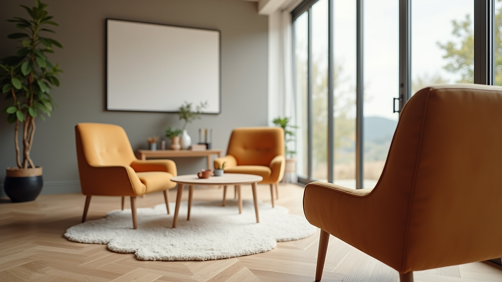 Eye-level view of a serene coaching space with comfortable seating