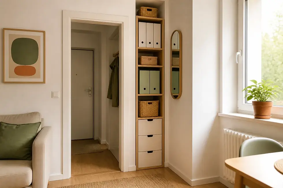 Schmales hohes Regal nutzt eine Nische in einer kleinen Wohnung