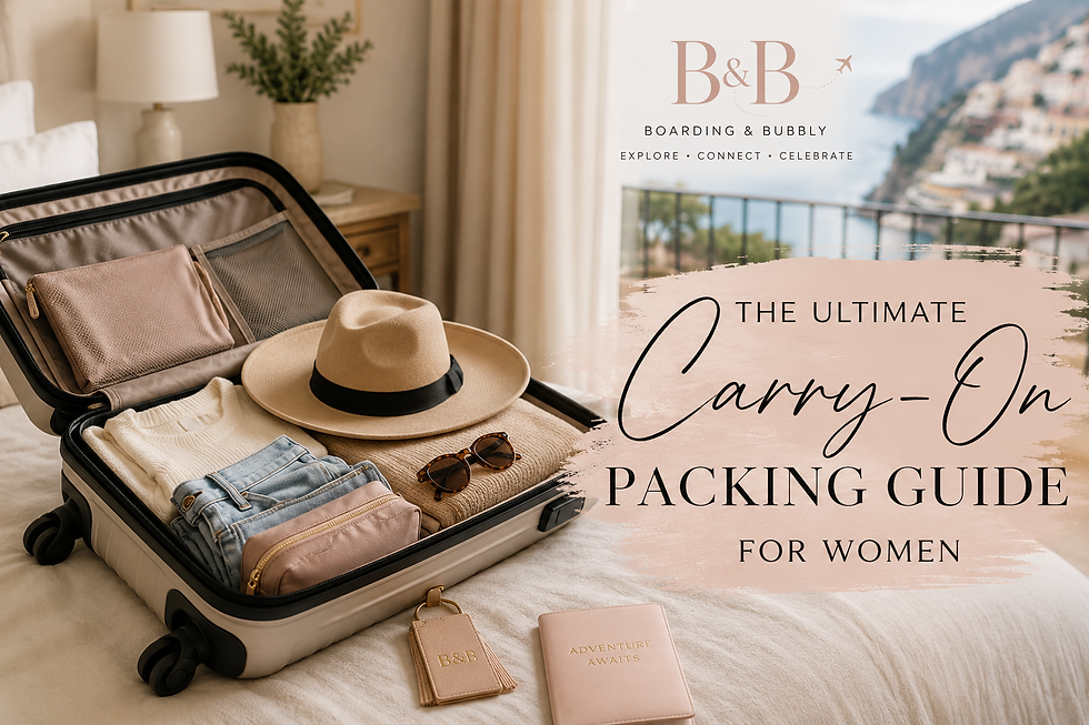 Woman’s carry-on suitcase packed with travel essentials for a trip