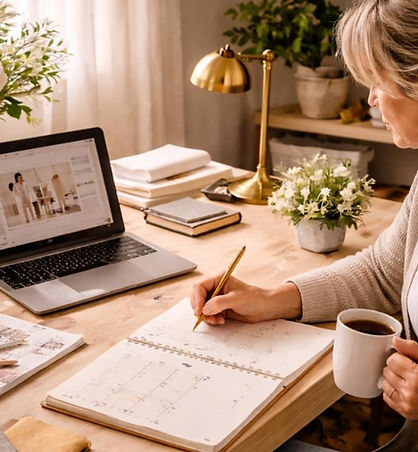 Woman journaling at a desk and enjoying an intentional moment