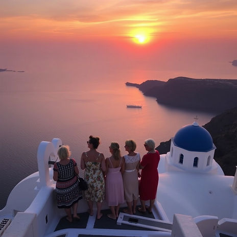 group of women aged 40+ travelling in Santorini sunset.jpg
