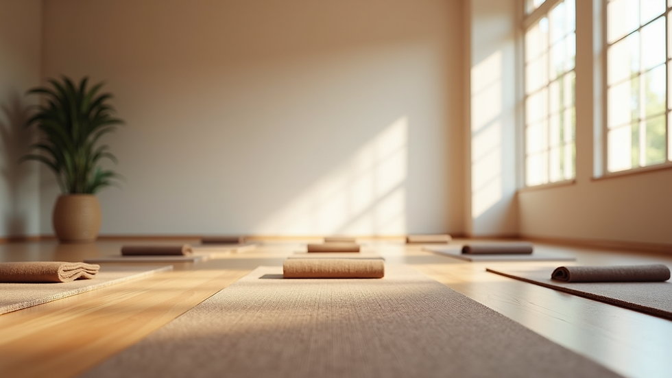 Eye-level view of a serene yoga studio with mats neatly arranged