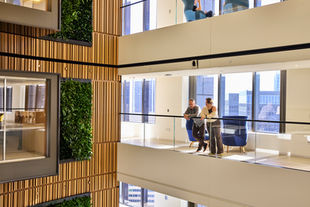 Two coworkers standing together in a modern Los Angeles office with large windows, wood slat walls, and greenery.