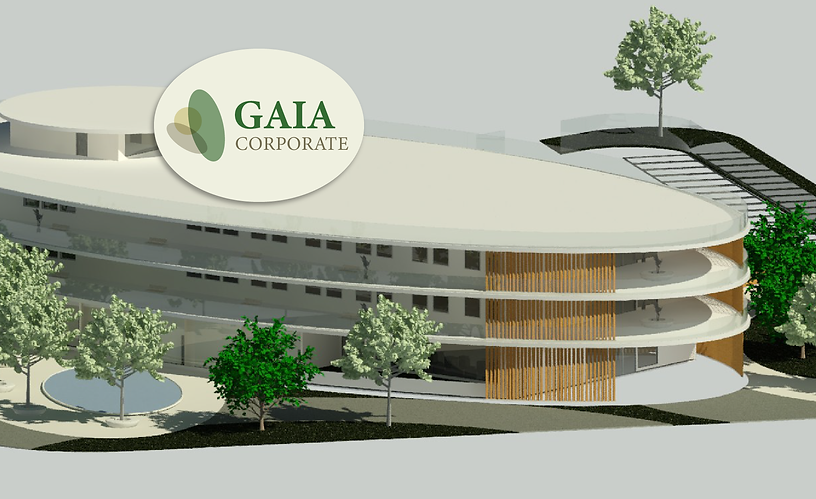 Render do Edífcio Gaia Corporate com seu logo sobreposto