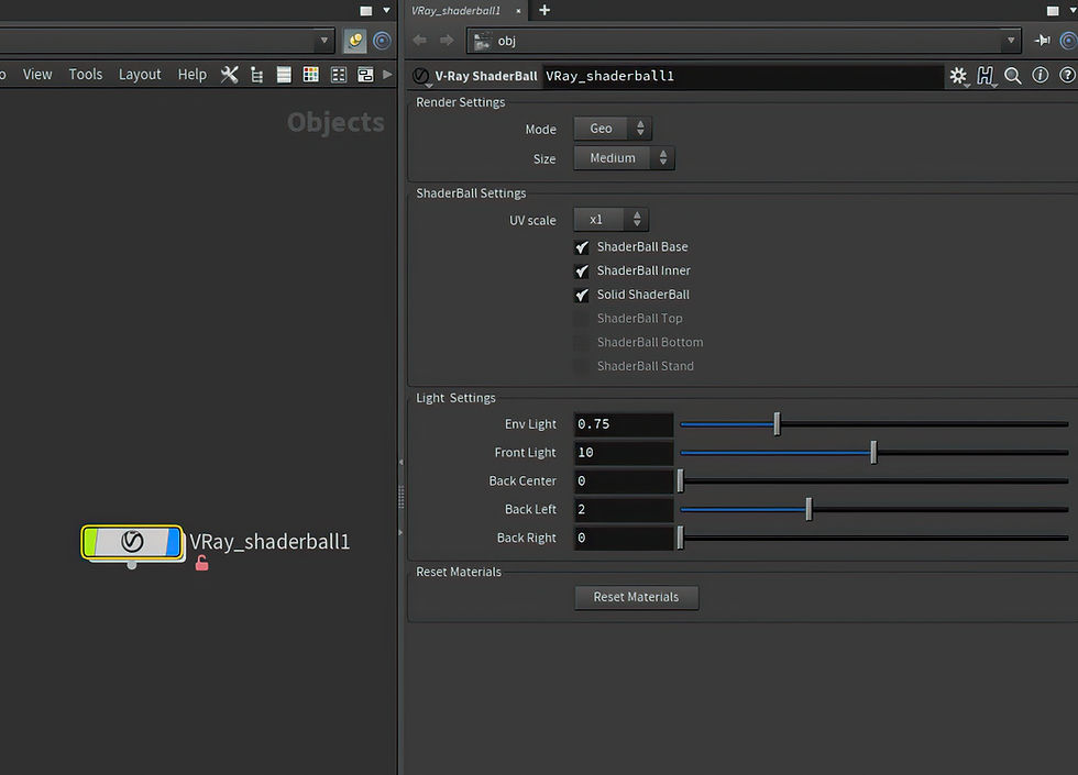 The V-ray Shaderball settings menu.
