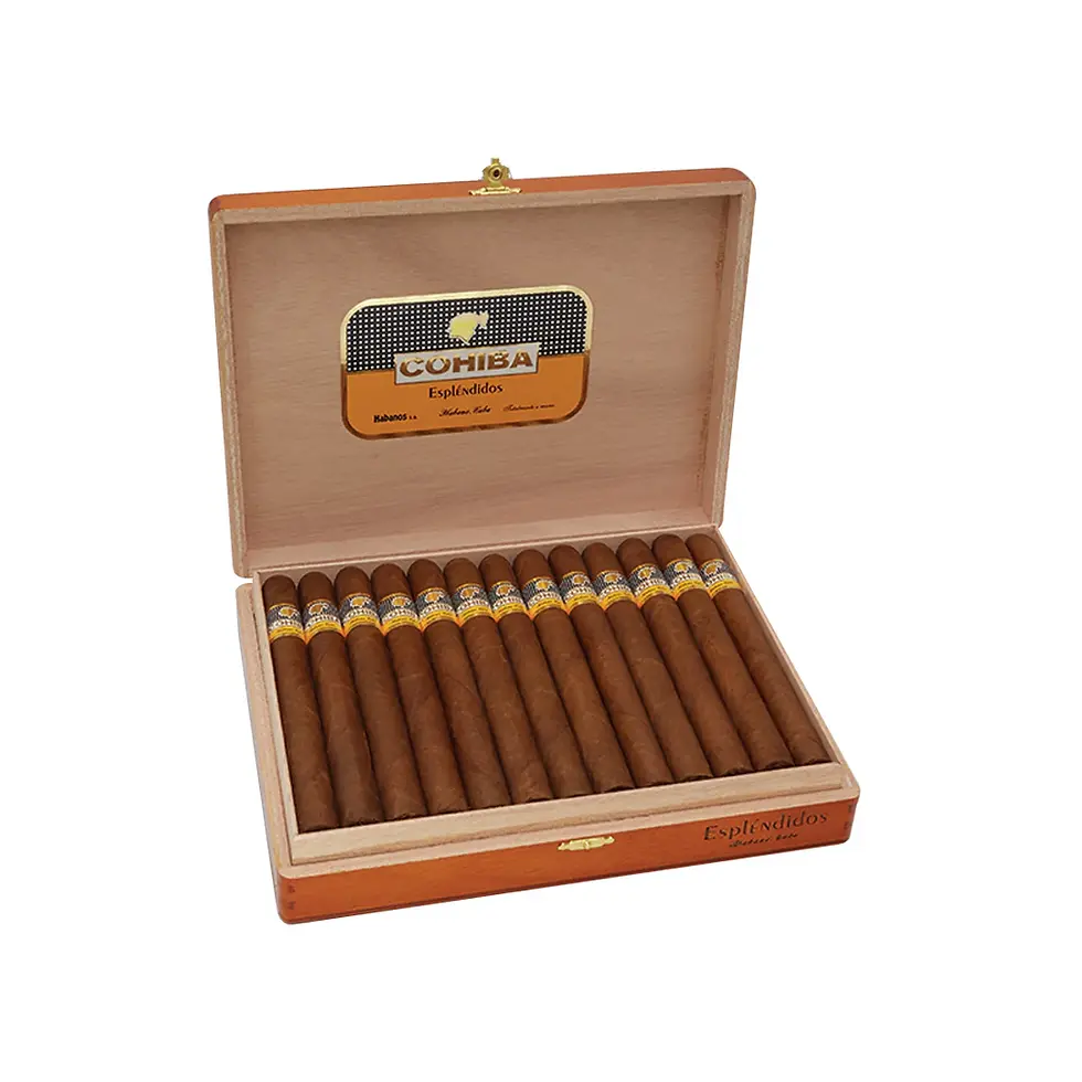 Eye-level view of a Cohiba cigar resting on a wooden table