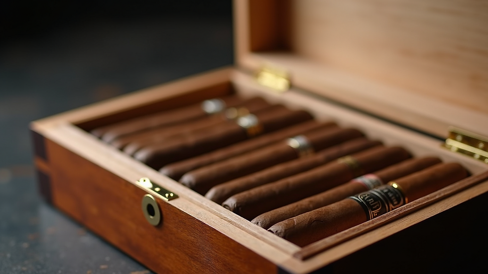 Close-up view of a beautifully arranged wooden humidor filled with cigars