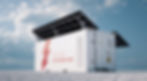 rendering concept of a white industrial battery energy storage container with mounted black solar panels