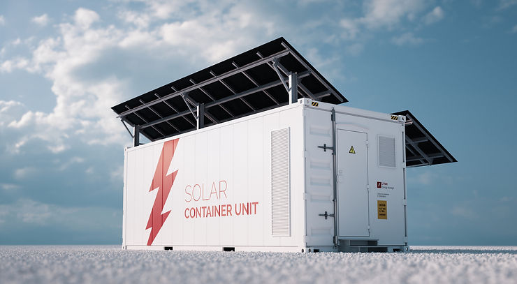 rendering concept of a white industrial battery energy storage container with mounted black solar panels