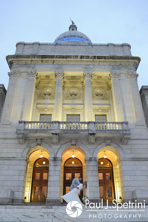 Nathan and Amy pose for a formal photo at the Rhode Island Statehouse prior to their November 2017 wedding reception at Quidnessett Country Club in North Kingstown, Rhode Island.