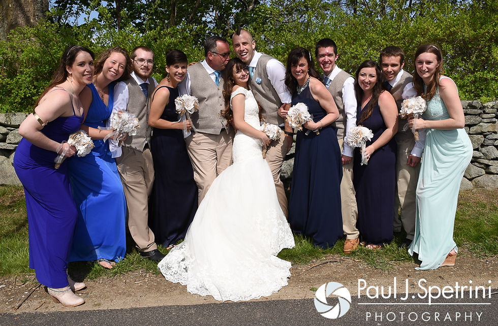Krystal and Ian pose for a formal photo with their wedding party following their May 2016 wedding at Colt State Park in Bristol, Rhode Island.