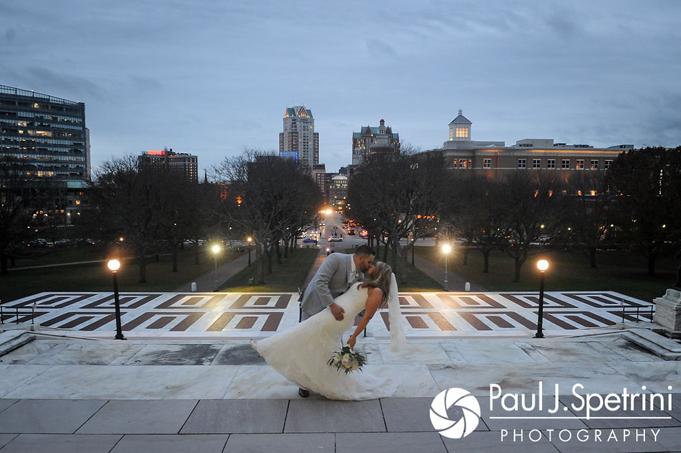 Nathan and Amy pose for a formal photo at the Rhode Island Statehouse prior to their November 2017 wedding reception at Quidnessett Country Club in North Kingstown, Rhode Island.