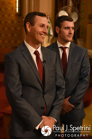 Keiran smiles as Jessica walks down the aisle during his October 2017 wedding ceremony at the Assumption of the Blessed Virgin Mary Church in Providence, Rhode Island.