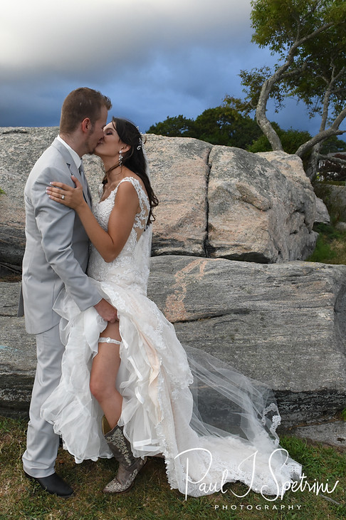 Beth & Bryan pose for a formal photo following their August 2018 wedding ceremony at Fort Phoenix in Fairhaven, Massachusetts.