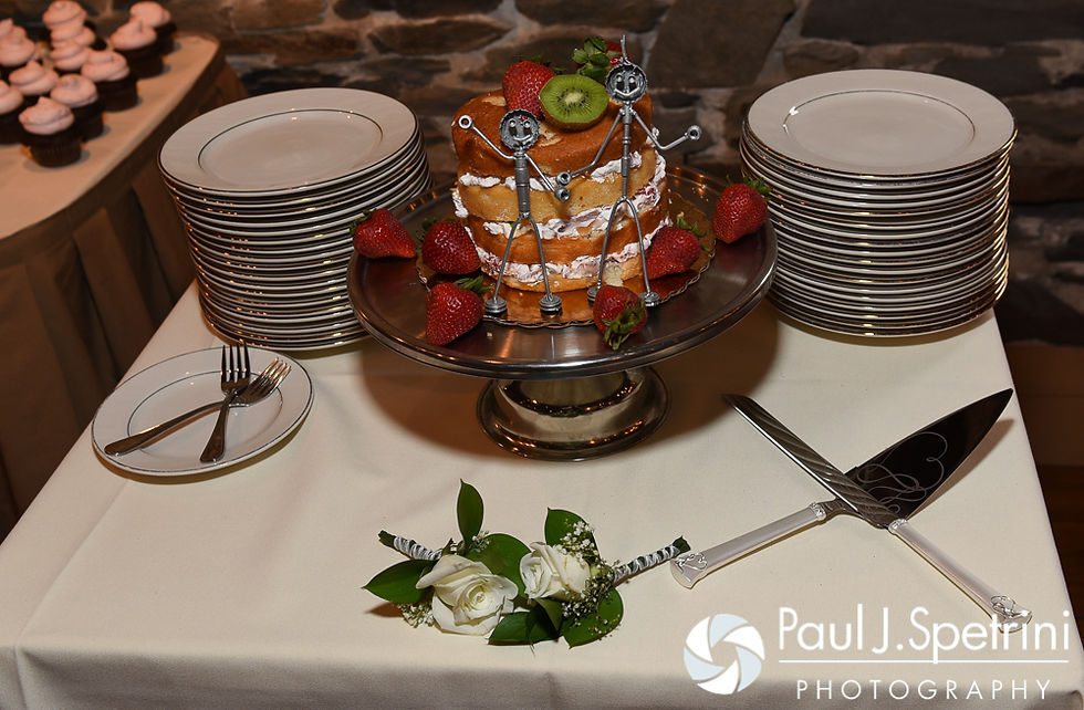 A look at the cake for Krystal and Ian's May 2016 wedding reception at DeWolf Tavern in Bristol, Rhode Island.