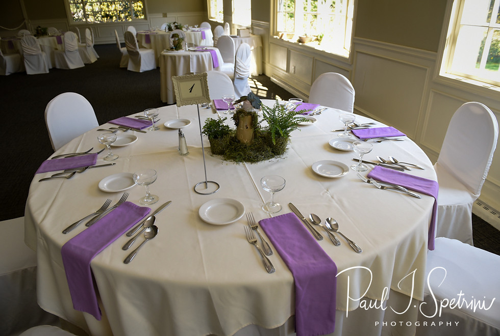 A look at the table settings prior to Nate & Kaytii’s May 2018 wedding reception at Meadowbrook Inn in Charlestown, Rhode Island.