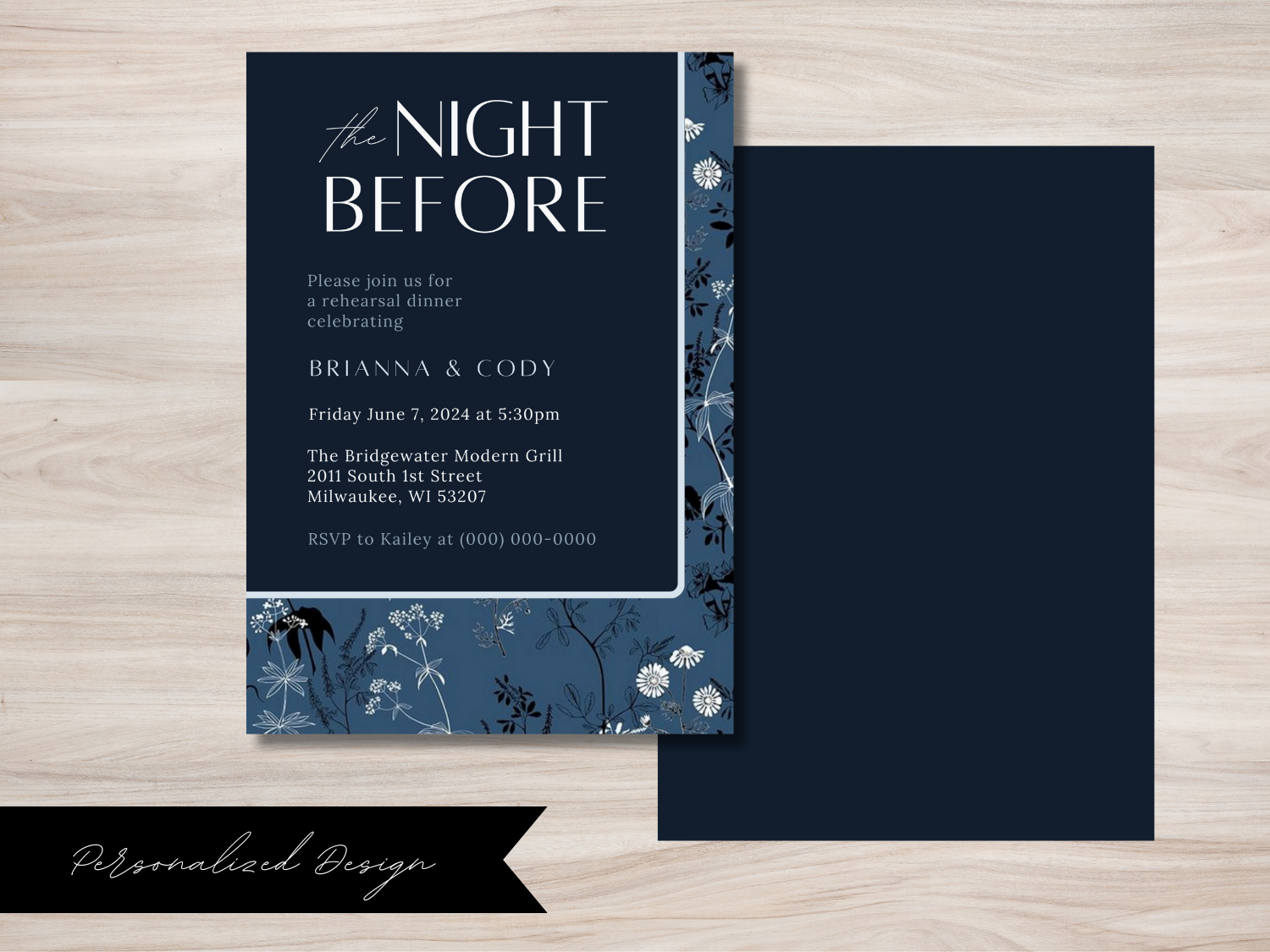 Midnight Blue Floral Rehearsal Dinner Invitation - PERSONALIZED DESIGN