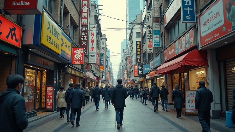 High angle view of a busy urban street filled with various advertisements