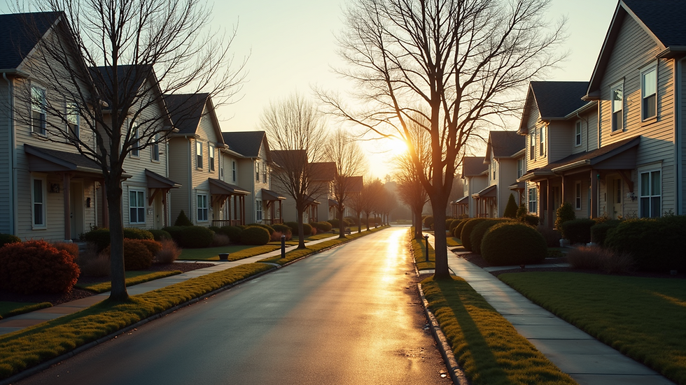 High angle view of a serene residential neighborhood, symbolizing a safe environment