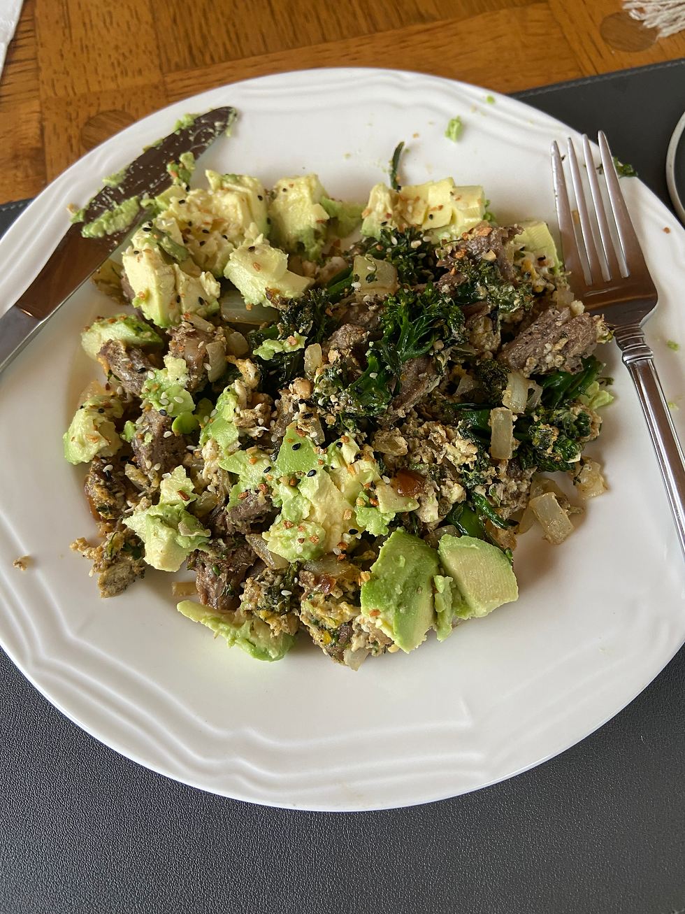 Flank steak and eggs (2) avocado, onion, and broccoli (3)=Jordan 23