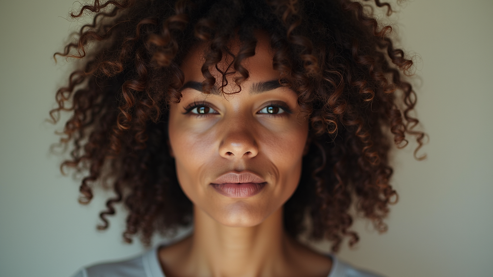 Eye-level view of a woman showcasing her natural curls