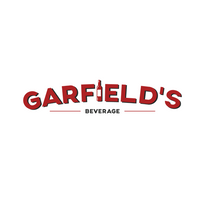 Garfield's Beverage Logo featuring brick red text with black shadow "Garfield's" in all Caps with the I replaced with a red graphic wine bottle.  Text has a slight upward arch.  Black text "Beverage" is written below with red lines to the left and right.