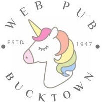Web Pub Bucktown logo featuring a drawing of a white unicorn head profile with a rainbow mane and a closed eye with eye lashes.  Around the image is written in a circle, "Web Pub Bucktown" in the middle reads, "Estd. 1947"