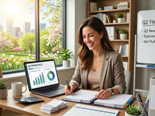 Woman smiling at desk with Q2 financials on laptop and whiteboard. Office setting with window view of city and flowers. Bright, focused mood.