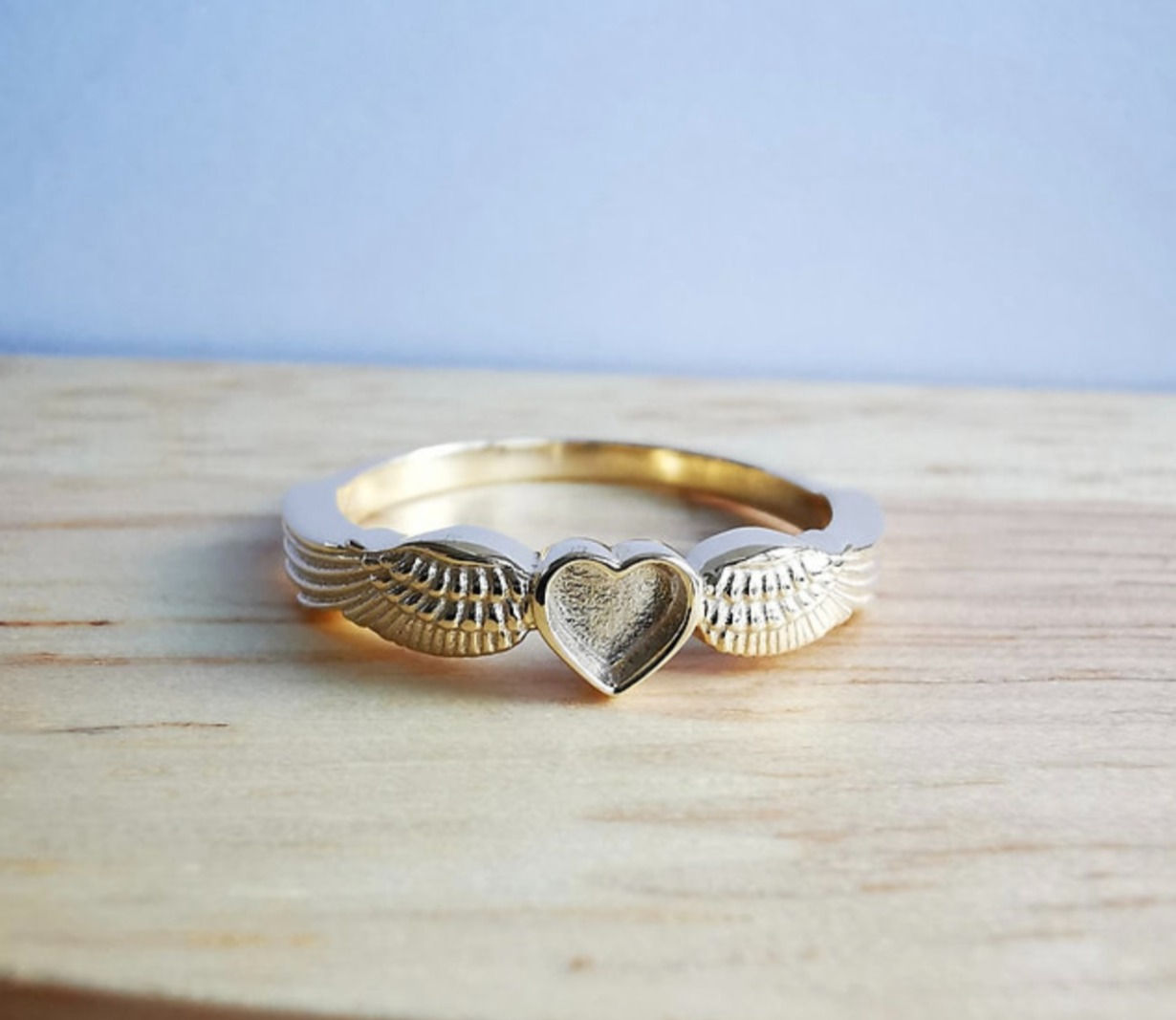 9K Solid Gold Heart Angel Wing Ring